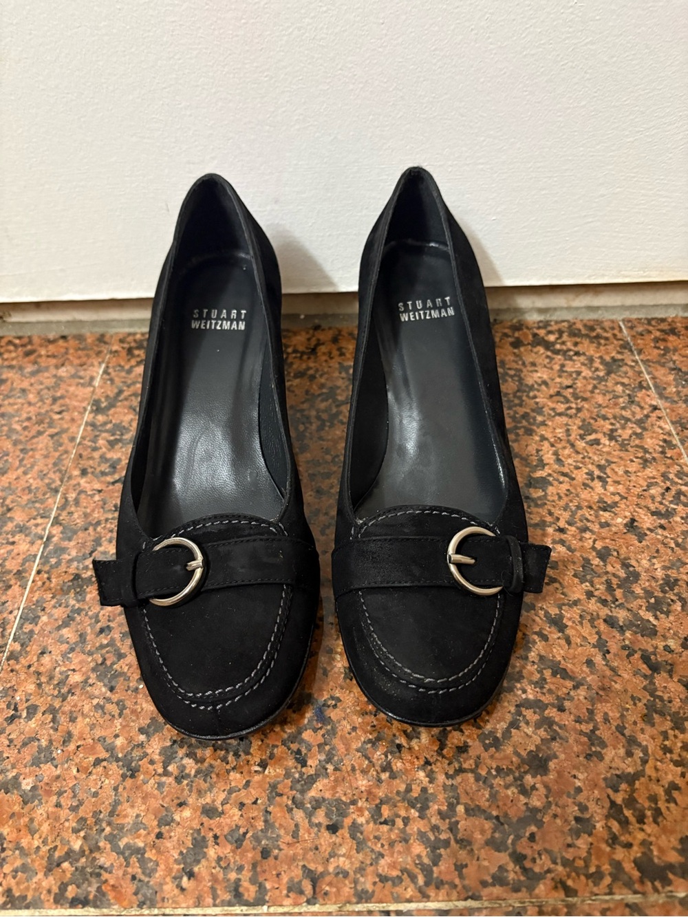 Stuart Weitzman Black Suede Heels with Silver Ring Accent